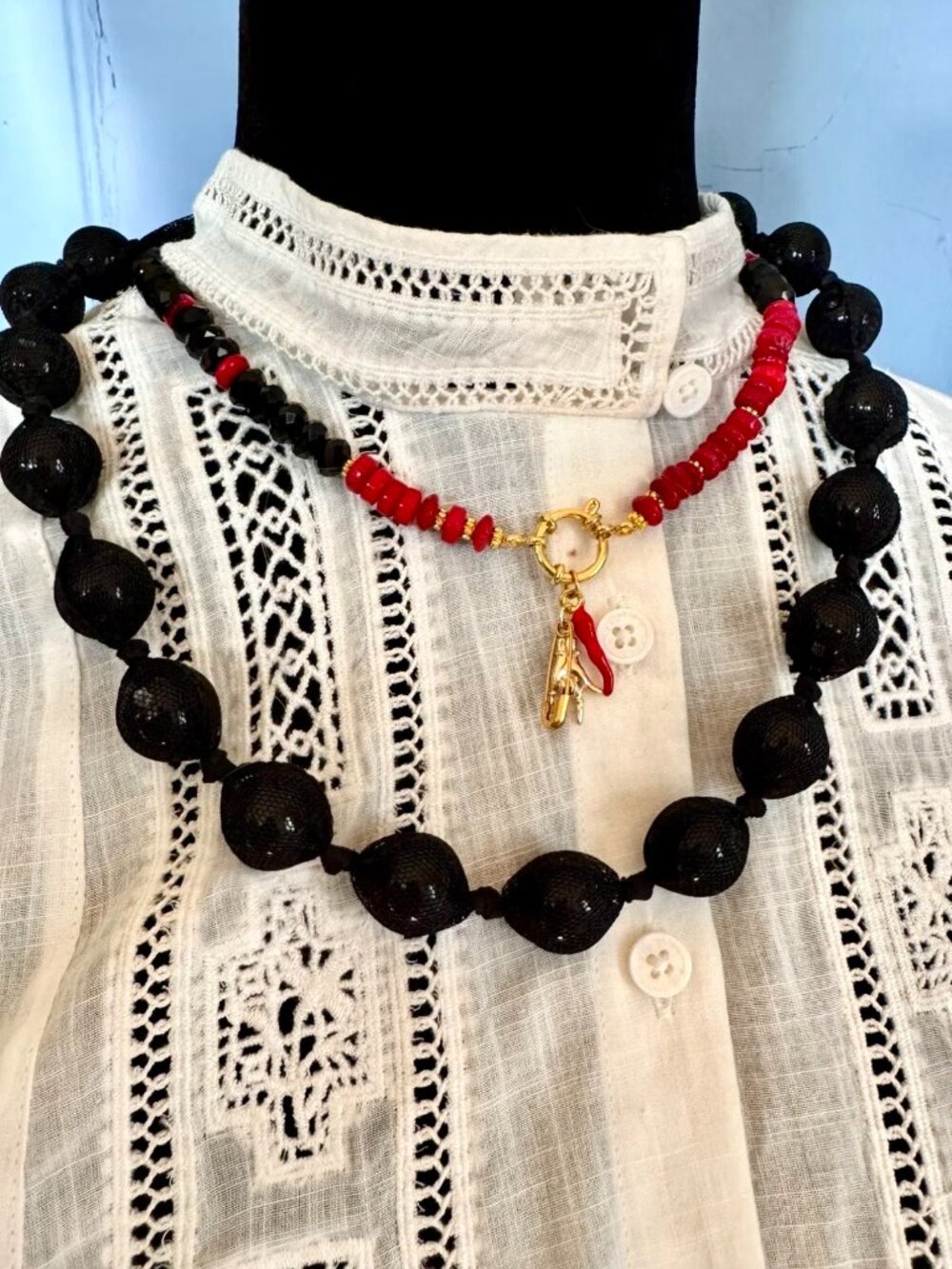 Vintage-Inspired Red Corals & Black Crystals Statement Necklace — One-of-a-Kind